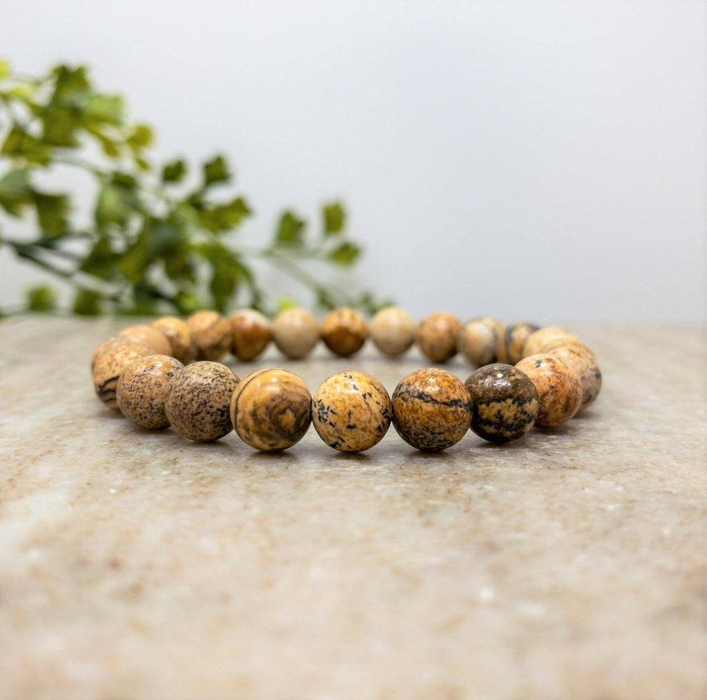 Lochie - 4mm - Brown Jasper Stone Beaded Stretchy Bracelet with Gold Cube Beads